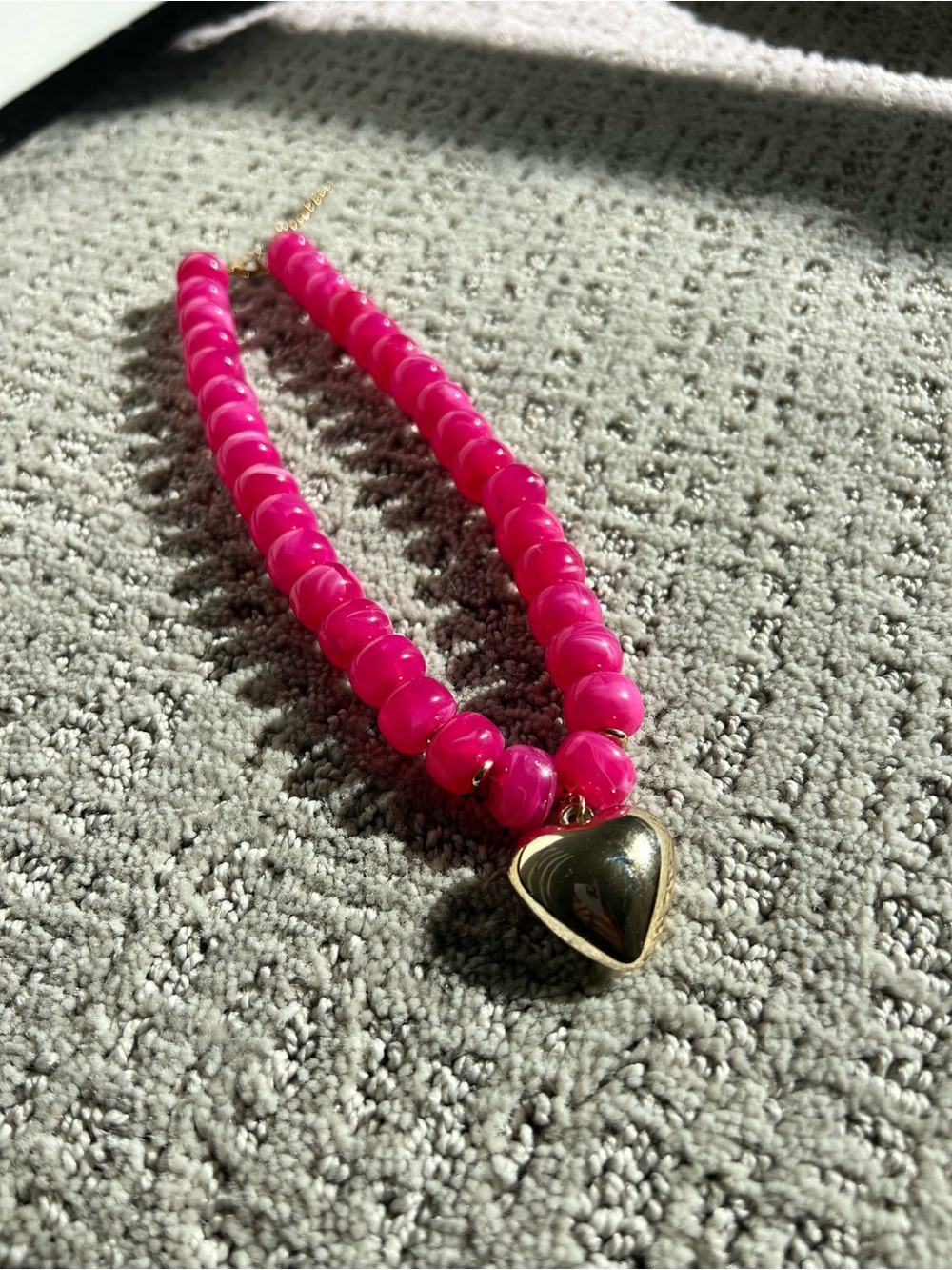 Pink Beaded Necklace with Gold Heart Pendant - Women Jewelry